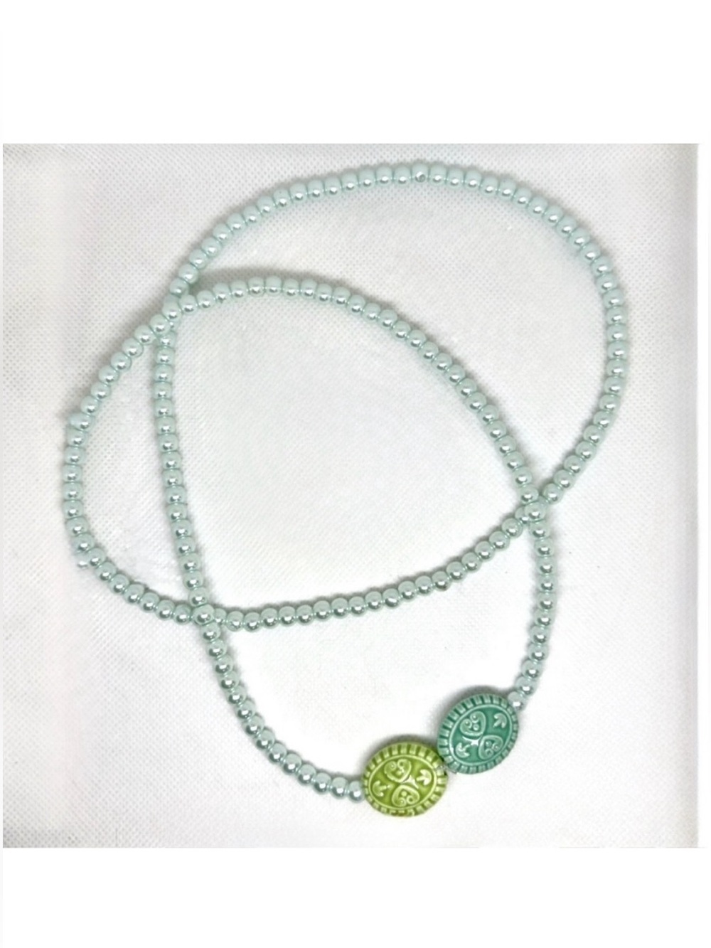 Artisan sea-foam glass & faux pearl endless necklace 30” continuous strand